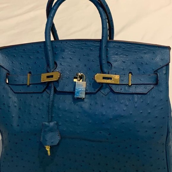 House of Hello Blue Ostrich Mini 20 CM Bag Lock & Key Handbag - Picture 2 of 12